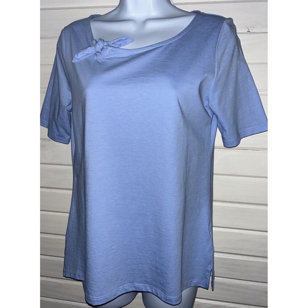 TALBOTS Sz PETITES SMALL PS  Tie Neck Tee Blue 100% Pima Cotton Knit S/S EUC